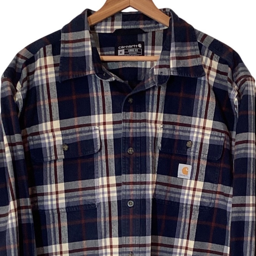 Carhartt Loose Fit Heavyweight Flannel Plaid Shirt Navy Cream Burgundy - XL